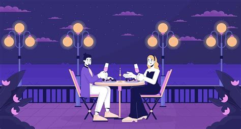 Romantic Restaurant Near Seaside Line Cartoon Flat Illustration