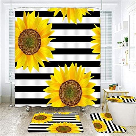 Britimes 4 Pcs Shower Curtain Set Sunflowers Striped Black