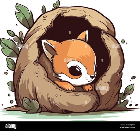 Illustration of a cute fox sleeping in a burrow with leaves Stock ...