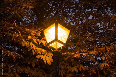 Farola En El Atardecer En El Parque De El Retiro De Madrid Iluminando