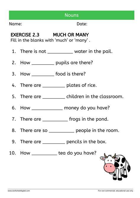 Nouns MUCH OR MANY Worksheet Digital