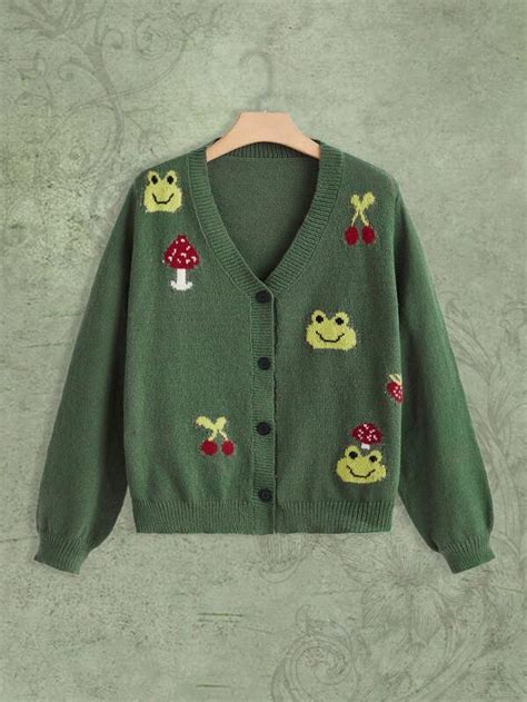 Fairycore Plus Mushroom And Frog Pattern Cardigan Shein Eur