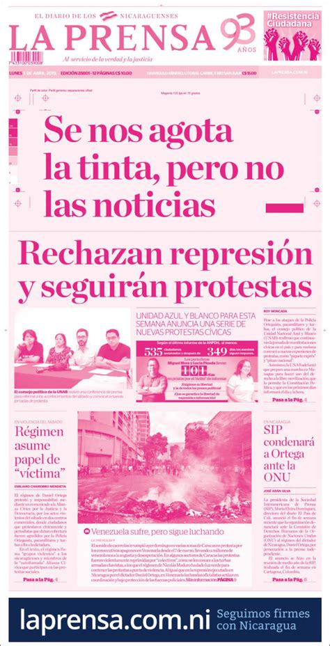 Portada Lunes 01 De Abril La Prensa Nicaragua Alnavío