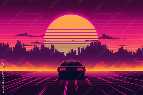 Retrowave sunset, synthpop illustration, car at sunset. Created with ...