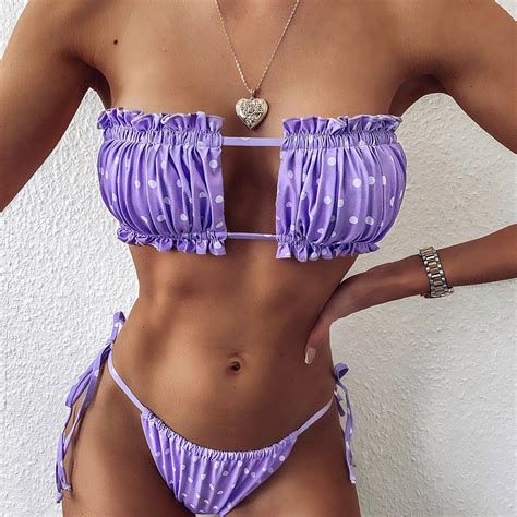 Sexy Solid Bikini Women Pleated Bandeau Swimsuit Female Low Waist