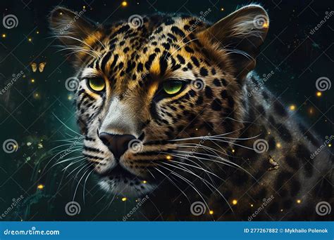 Leopard Portrait Close Up On Dark Background Neural Network AI