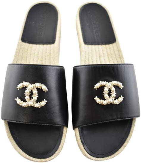 Chanel Black A Leather Logo Cc Pearl Jewel Espadrille Slide Mule Flat