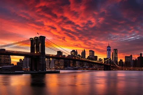 Ponte De Brooklyn E Skyline De Manhattan Ao P R Do Sol Cidade De Nova