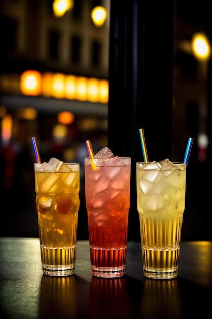 Tres Bebidas De Diferentes Colores Sentado Encima De Una Mesa Foto