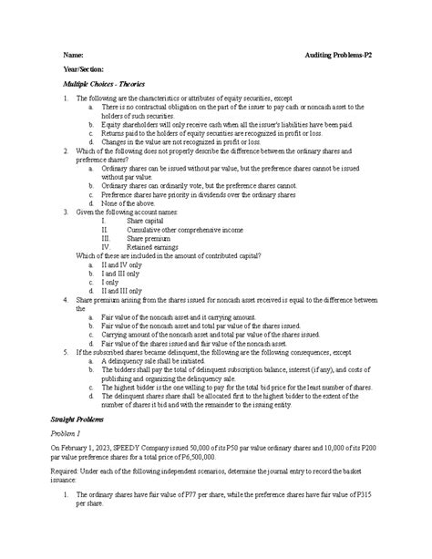 Audit Of Shareholders Equity Name Auditing Problems P Year Section