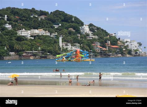 Beach and floating water park rides at Guaruja, Sao Paulo, Brazil Stock ...