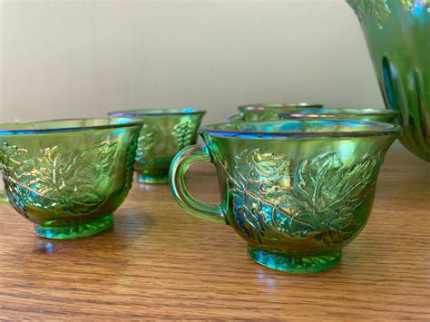 Green Carnival Glass Punch Bowl Set Etsy