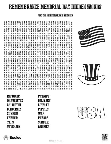 Remembrance Memorial Day Hidden Words Beeloo Printable Crafts And