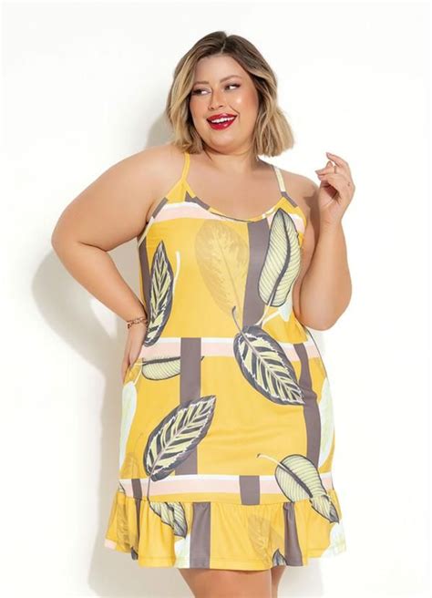 Marguerite Vestido Folhas Amarelo Babado Plus Size Vestidos