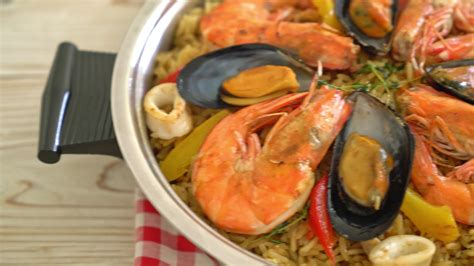 Seafood Paella With Prawns Clams Mussels On Saffron Rice Spanish Food Style 5857838 Stock