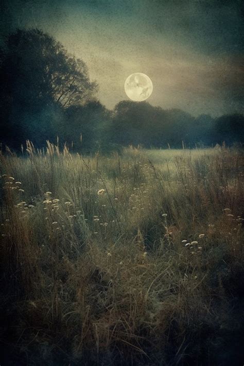 Vintage Moonlit Field Painting - Serene Countryside Landscape