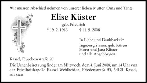 Traueranzeigen Von Elise K Ster Trauer Hna De