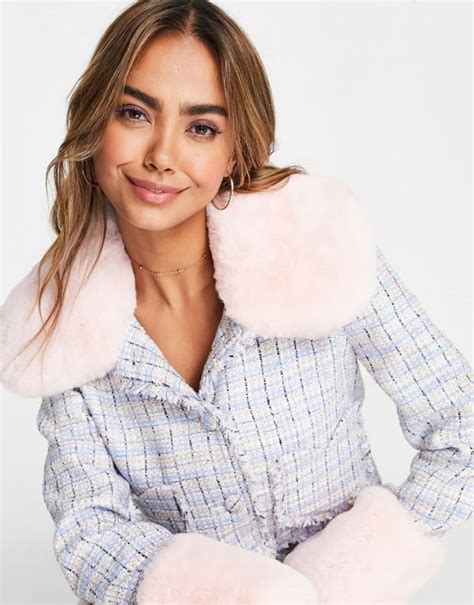 Miss Selfridge Faux Fur Collar Heart Pocket Boucle Jacket Co Ord Multi