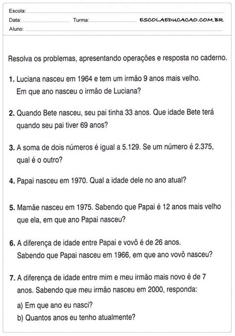 Atividades de Problemas Matemáticos do 6º Ano Problemas de matemática