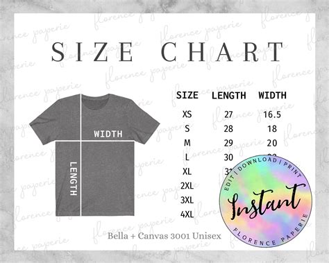 Bella Canvas 3001 Size Chart Unisex T Shirt Size Chart Bella Etsy