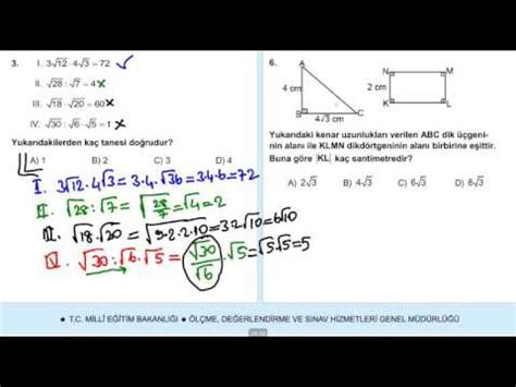 Sinif Matemat K Karek Kl Sayilar Meb Kazan M Test