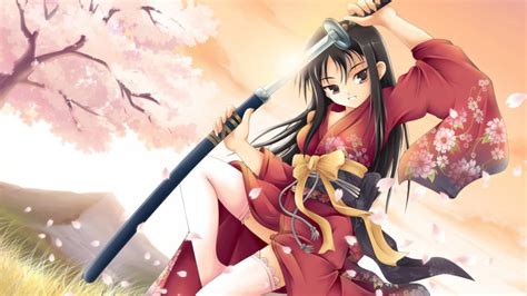 Free Download Anime Samurai Girl Sword Katana Cherry Blossom Kimono Hd