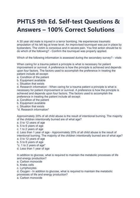 Solution Phtls 9th Ed Self Test Questions Answers 100 Correct