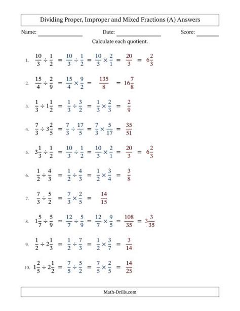 Dividing Proper Improper And Mixed Fractions With No Simplifying Fillable All