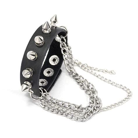 Womens Gothic Punk Black Faux Leather Chain And Studs Wristbands