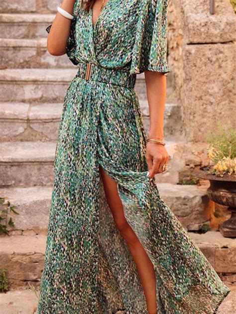 Women Disty Floral V Neck Short Sleeve Comfy Boho Maxi Dress Wedding Guest Dress Noracora