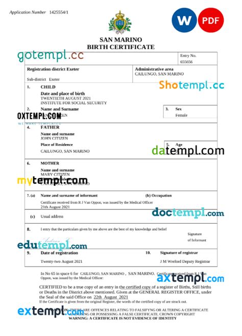 San Marino Birth Certificate Word And PDF Template Completely Editable