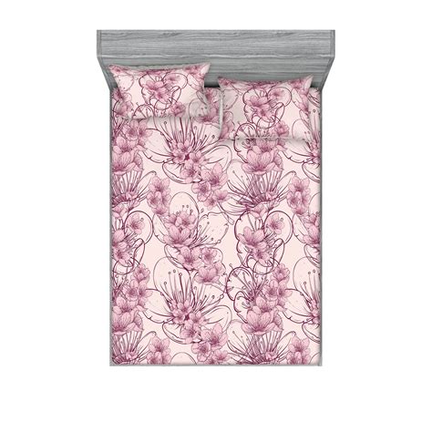Sakura Fitted Sheet Pillow Sham Set Nude Color Palette Drawn Cherry Blossom Pattern With