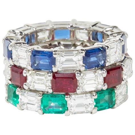 Emerald Sapphire Ruby And Diamond Emerald Cut Eternity Bands At 1stDibs