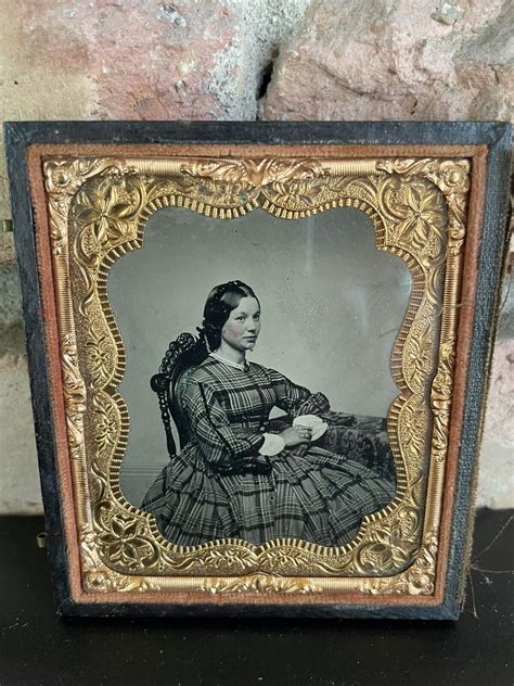 Antique Daguerreotype Tin Type Photo Young Lady Dress Civil War Era