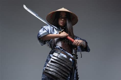 Woman Samurai Dressed In Kimono Holding Katana Stock Image Image Of