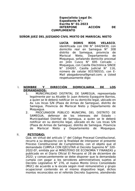 Acción De Cumplimiento Especialista Legal Dr Expediente N° Escrito