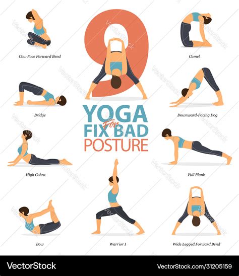 9 yoga poses for fix bad posture Royalty Free Vector Image