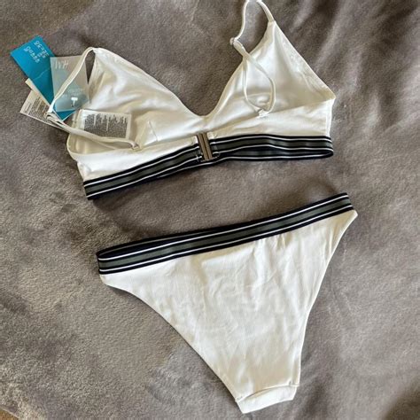 White Ribbed Bikini With Green And Black Detail Depop