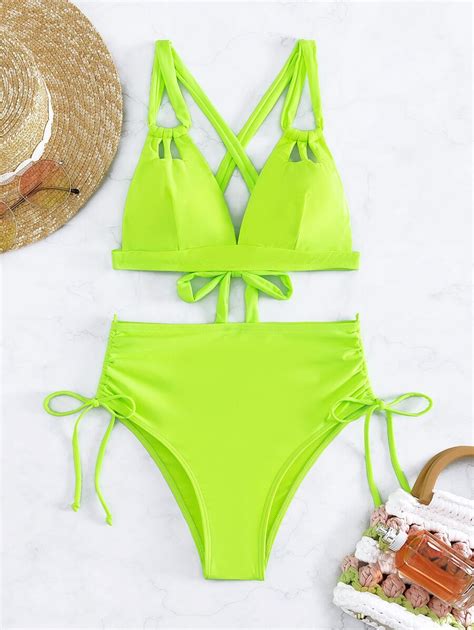 SHEIN Swim Bañador bikini neón con tira cruzada con cordón lateral de