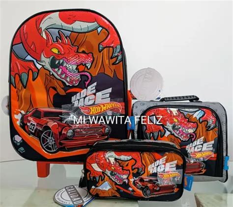 Pack Maleta Ruedas Hot Wheels Rojo Lonchera Cartuchera Envío gratis