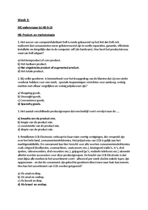 Mc Oefenvragen Week Docx Week Bij H En Merkstrategie Het