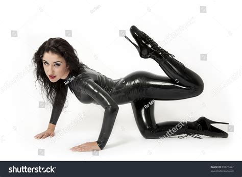 Sexy Brunette Black Latex Costume Stock Photo Shutterstock
