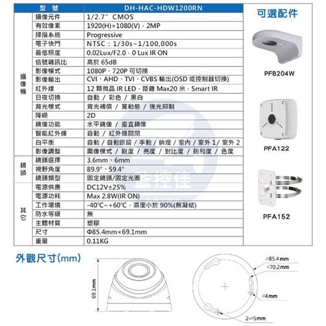 【附發票】大華dahua 2mp四合一半球紅外線20米1080phdw1200rn 露天拍賣