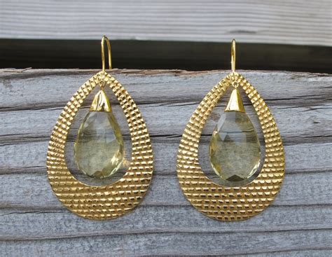 Large Gold Hoop Gemstone Dangle Earring Tear Drop Statement Quartz