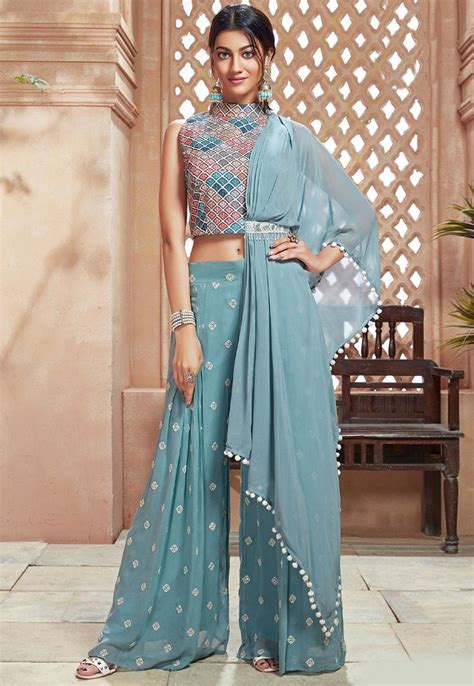 Embroidered Georgette Crop Top Set In Light Blue Stylish Party