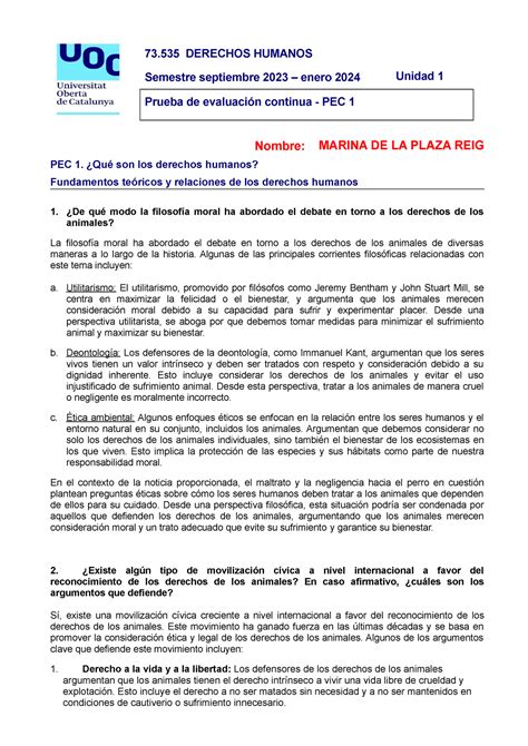 73 535 PEC 1 Mdelaplaza 73 DERECHOS HUMANOS Semestre Septiembre 2023