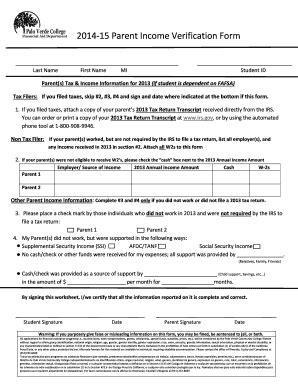 Fillable Online Paloverde 2014 15 Parent Income Verification Form