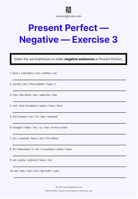 Present Perfect — Negative — Jumbled Sentences Worksheet 3 Present Perfect Negative Present