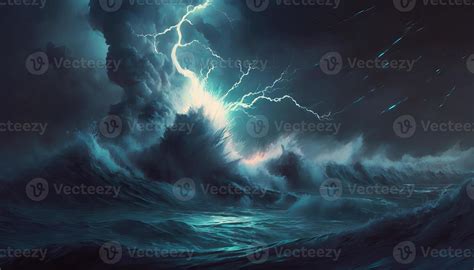 Bright Lightning In A Raging Sea A Strong Storm In The Ocean Big