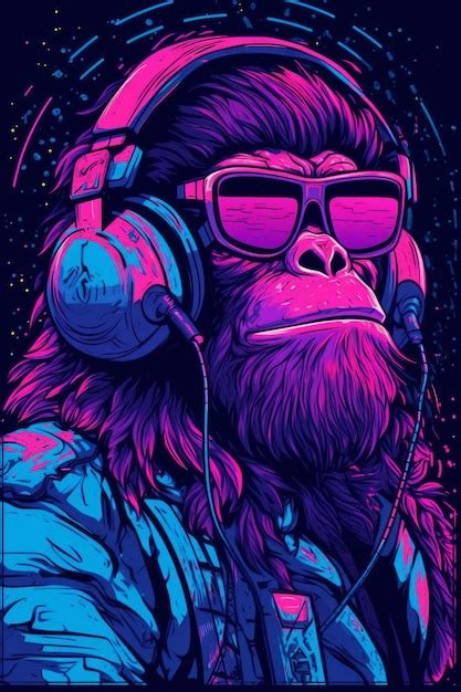 Premium Photo A Monkey With Sunglasses And Headphones In Neon Colors